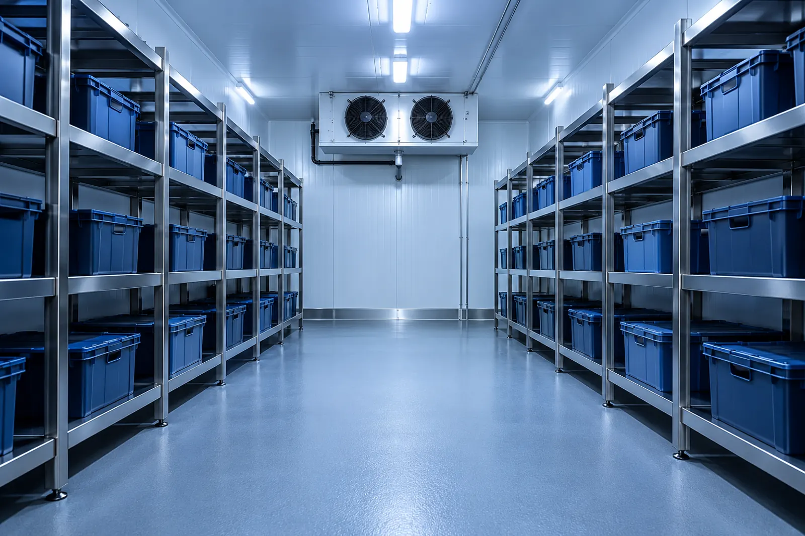 Insulated commercial cold room with stainless steel shelving and closed storage crates